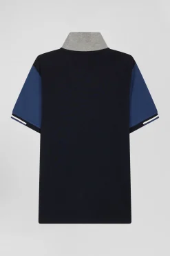 Polo manches courtes en piqué coton bleu marine col jacquard Eden Park coupe Regular