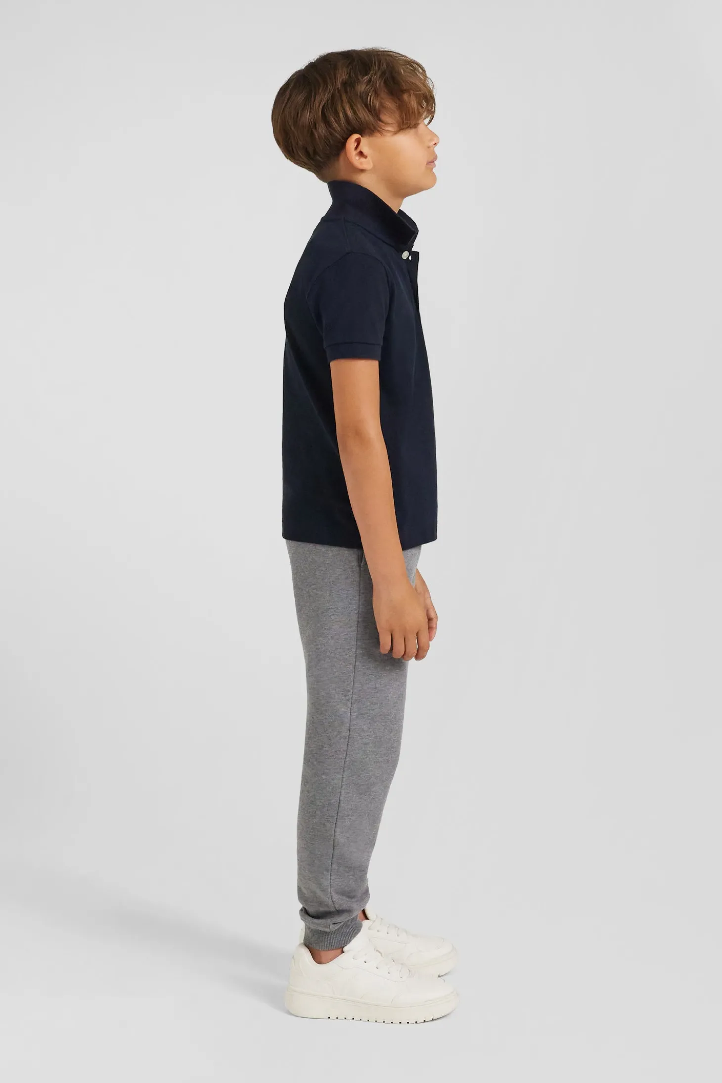 Polo manches courtes en piqué coton bleu marine col jacquard coupe Regular