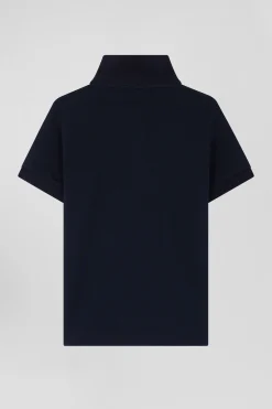 Polo manches courtes en piqué coton bleu marine col jacquard coupe Regular