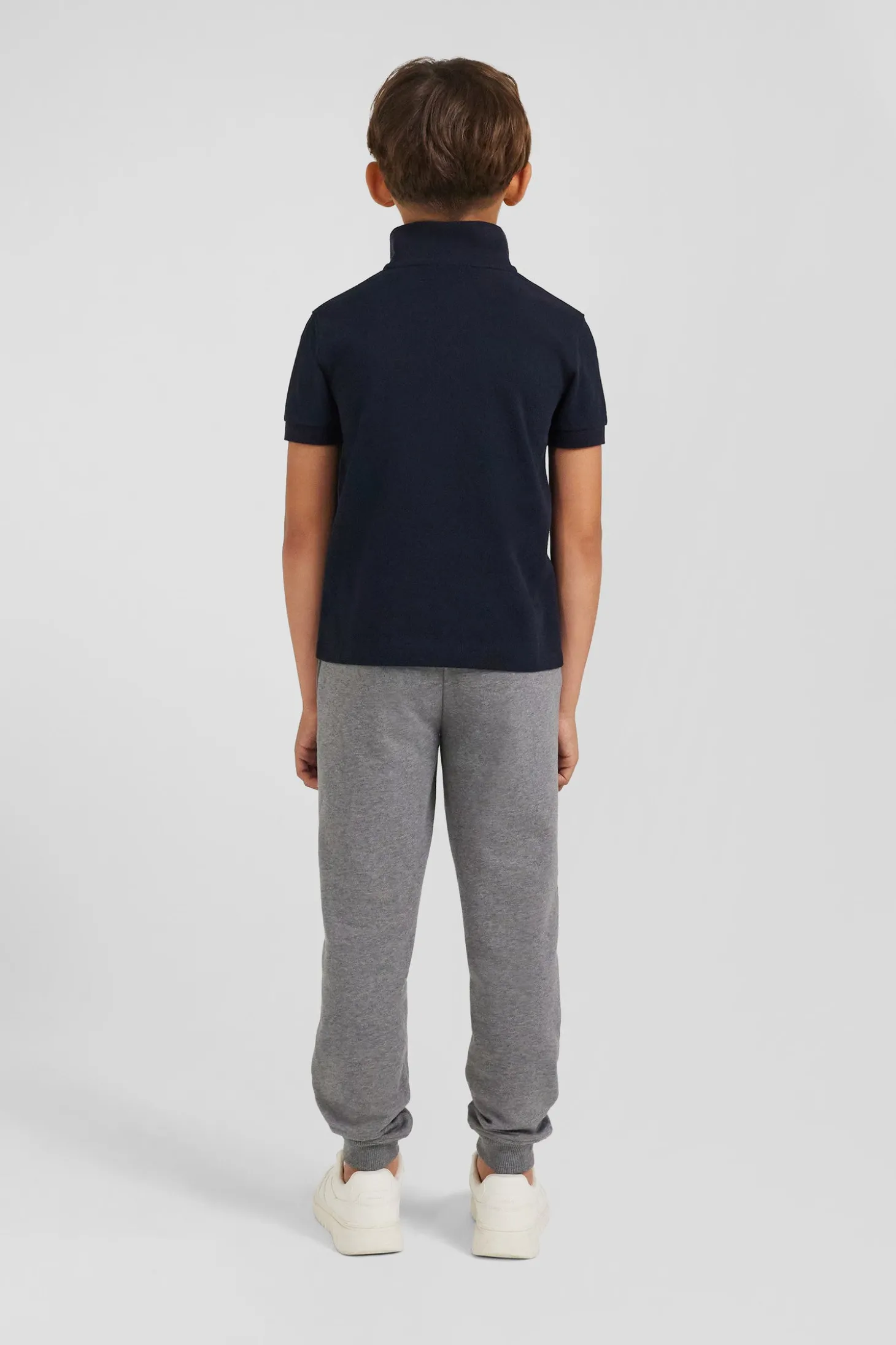 Polo manches courtes en piqué coton bleu marine col jacquard coupe Regular