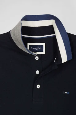 Polo manches courtes en piqué coton bleu marine col jacquard Eden Park coupe Regular