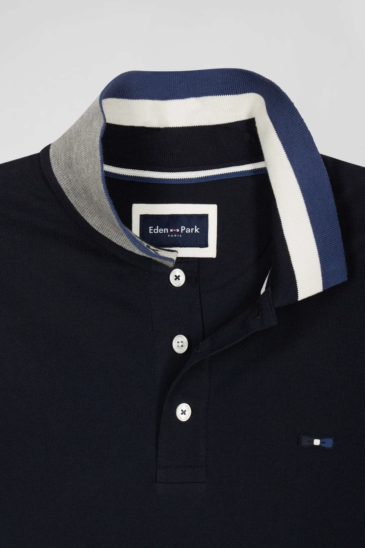 Polo manches courtes en piqué coton bleu marine col jacquard Eden Park coupe Regular