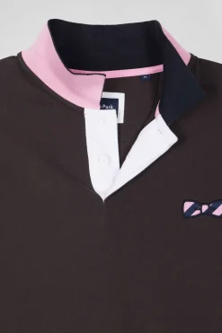 Polo manches courtes en piqué coton marron broderie cerclée coupe Regular