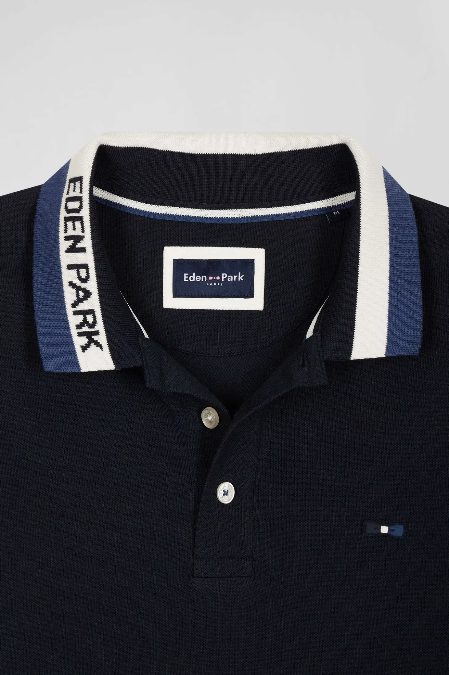 Polo manches courtes en piqué coton bleu marine col jacquard Eden Park coupe Regular