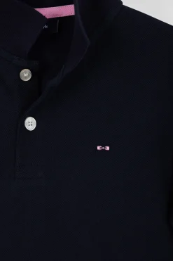 Polo manches courtes en piqué coton bleu marine col jacquard coupe Regular