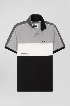 Polo manches courtes tricolore en piqué coton noir inscription Eden Park coupe Regular