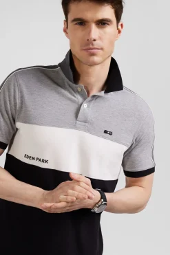 Polo manches courtes tricolore en piqué coton noir inscription Eden Park coupe Regular