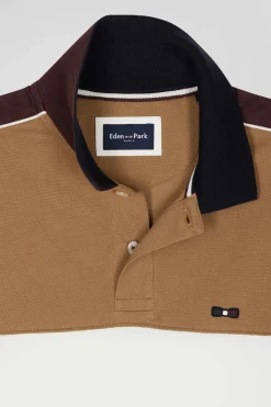 Polo manches courtes tricolore en piqué coton camel inscription Eden Park coupe Regular