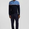 Polo manches longues bicolore en piqué coton bleu coupe Regular