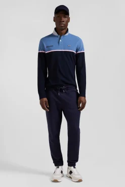 Polo manches longues bicolore en piqué coton bleu coupe Regular
