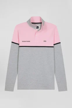 Polo manches longues bicolore en piqué coton rose coupe Regular