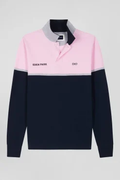 Polo manches longues bicolore en piqué coton bleu marine coupe Regular