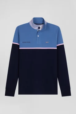 Polo manches longues bicolore en piqué coton bleu coupe Regular