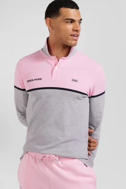 Polo manches longues bicolore en piqué coton rose coupe Regular