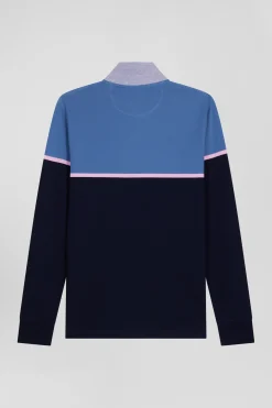 Polo manches longues bicolore en piqué coton bleu coupe Regular