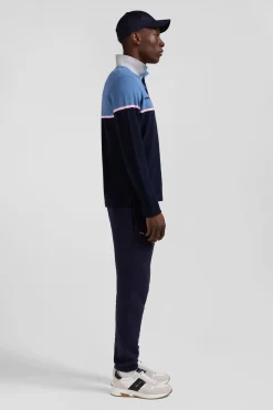 Polo manches longues bicolore en piqué coton bleu coupe Regular