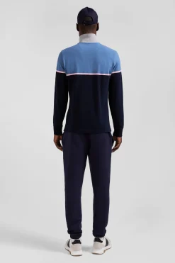 Polo manches longues bicolore en piqué coton bleu coupe Regular