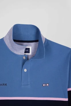 Polo manches longues bicolore en piqué coton bleu coupe Regular