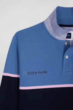 Polo manches longues bicolore en piqué coton bleu coupe Regular