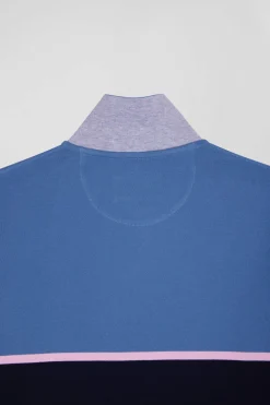 Polo manches longues bicolore en piqué coton bleu coupe Regular