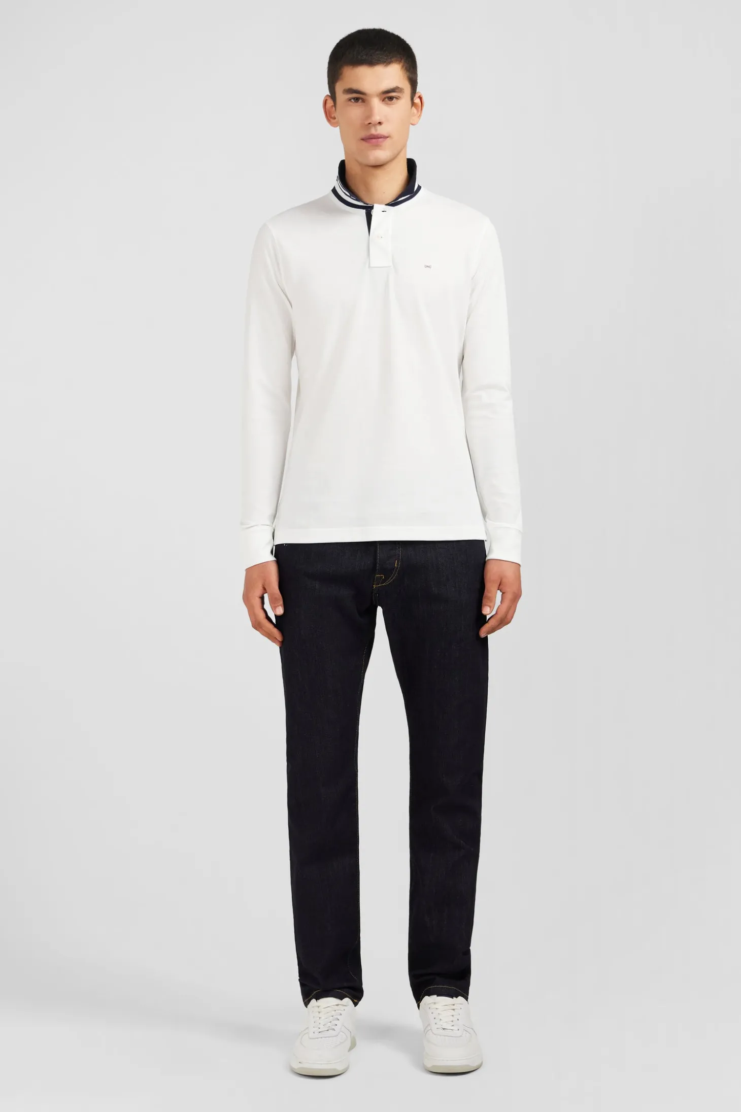 Polo manches longues blanc en coton avec col contrasté