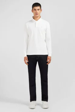 Polo manches longues blanc uni en piqué de coton stretch
