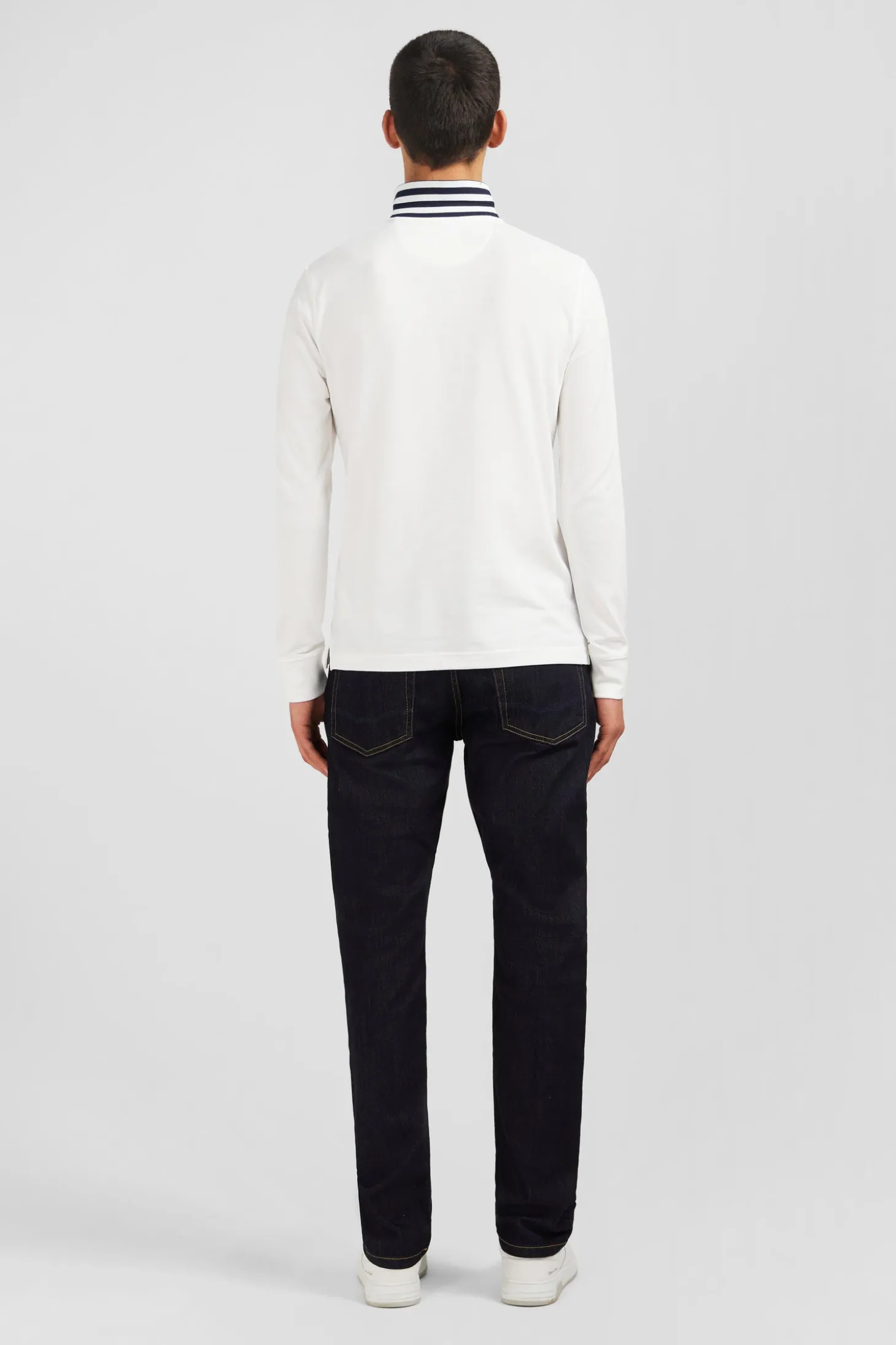 Polo manches longues blanc en coton avec col contrasté