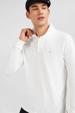 Polo manches longues blanc uni en piqué de coton stretch