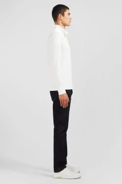 Polo manches longues blanc uni en piqué de coton stretch