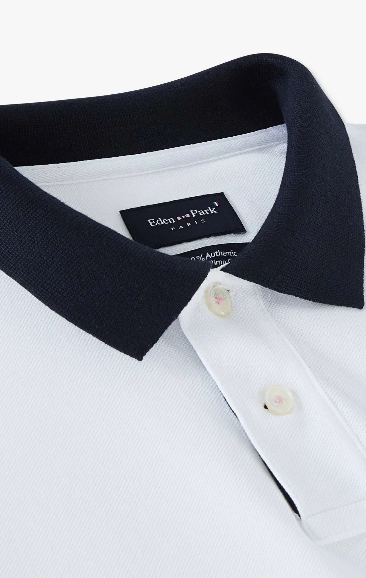Polo manches longues blanc en coton avec col contrasté