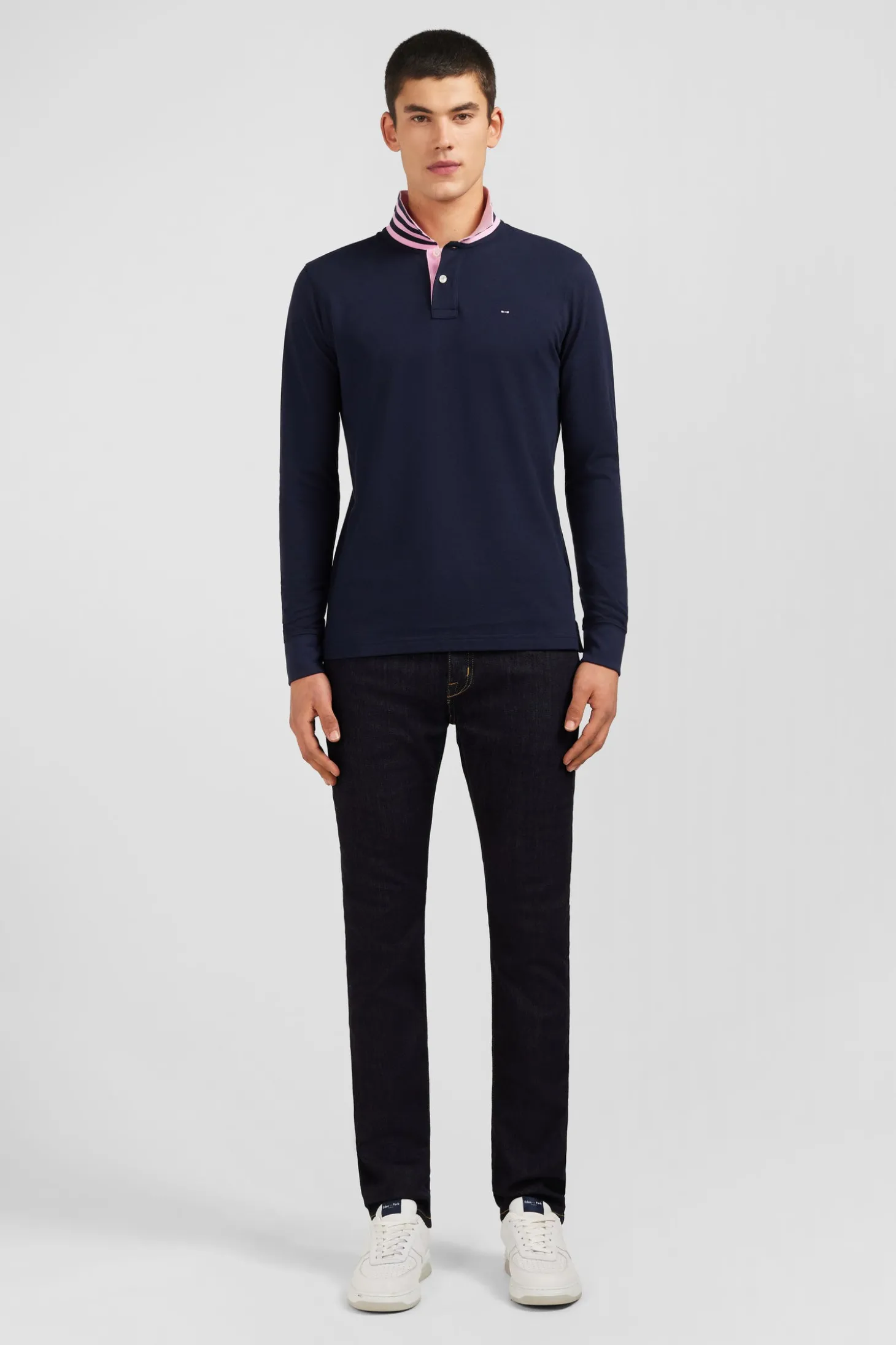Polo manches longues bleu marine en coton avec col contrasté