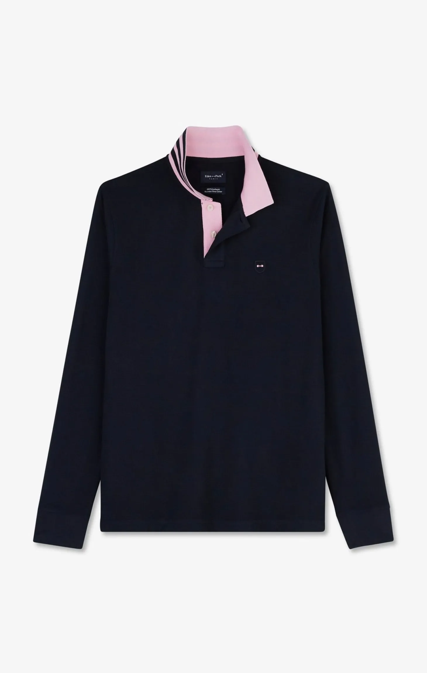 Polo manches longues bleu marine en coton avec col contrasté