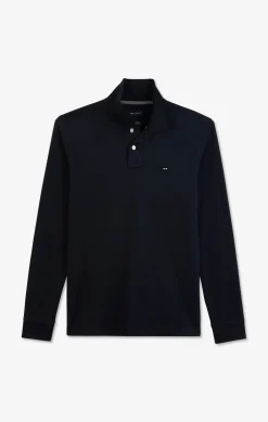 Polo manches longues bleu marine uni en piqué de coton stretch