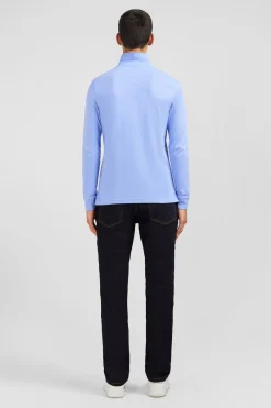 Polo manches longues bleu uni en piqué de coton stretch