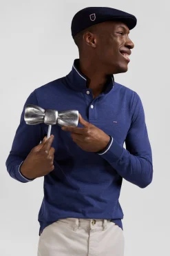 Polo manches longues bleu foncé en coton stretch finitions rayées