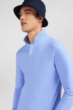 Polo manches longues bleu uni en piqué de coton stretch