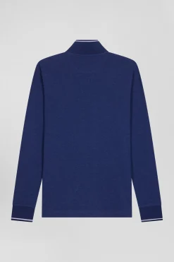 Polo manches longues bleu foncé en coton stretch finitions rayées