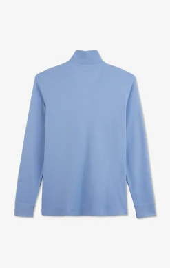 Polo manches longues bleu uni en piqué de coton stretch