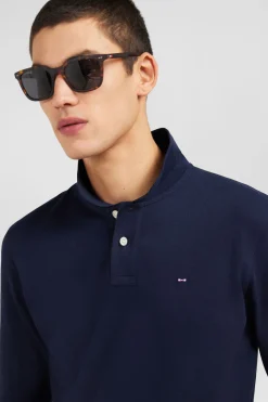Polo manches longues bleu marine uni en piqué de coton stretch
