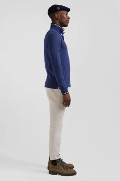 Polo manches longues bleu foncé en coton stretch finitions rayées