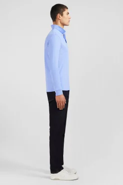 Polo manches longues bleu uni en piqué de coton stretch