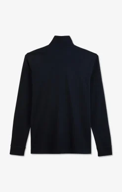 Polo manches longues bleu marine uni en piqué de coton stretch