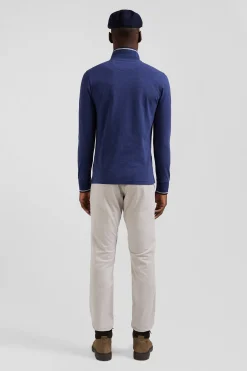 Polo manches longues bleu foncé en coton stretch finitions rayées