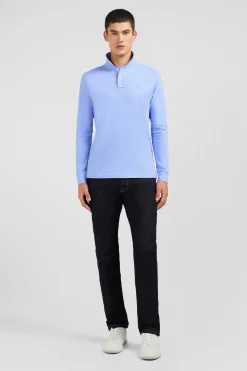 Polo manches longues bleu uni en piqué de coton stretch