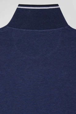 Polo manches longues bleu foncé en coton stretch finitions rayées