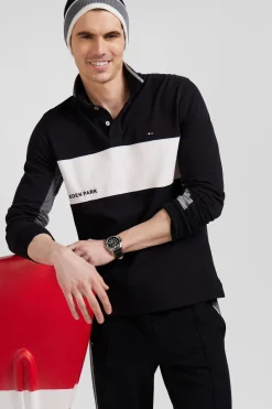 Polo manches longues colorblock en piqué coton noir coupe Regular