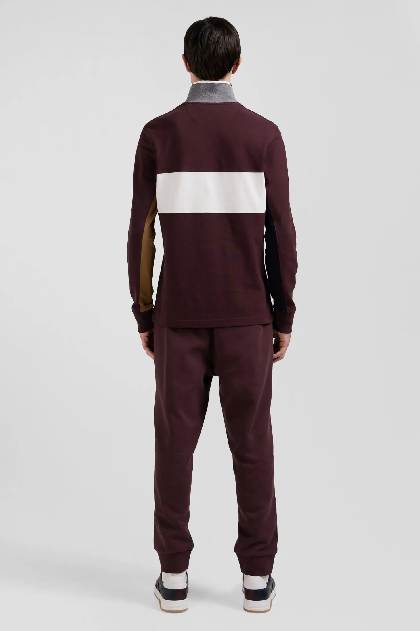 Polo manches longues colorblock en piqué coton bordeaux coupe Regular