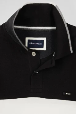 Polo manches longues colorblock en piqué coton noir coupe Regular