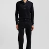 Polo manches longues en coton stretch col cerclé noir coupe Slim