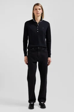 Polo manches longues en coton stretch col cerclé noir coupe Slim